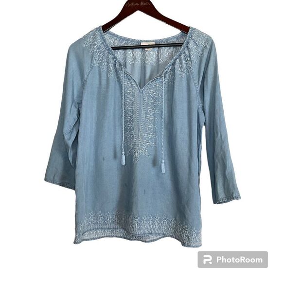 J Jill Denim Womens Chambray Embroidered Top Size M Blue Long Sleeve Tassel Boho - Picture 1 of 12